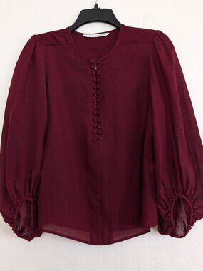 DIANE VON FURSTENBERG Blouse Women's 10 Sheer Burgundy Lightweight Zip Pleated